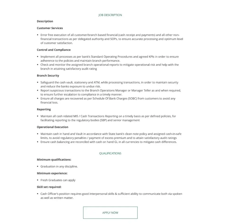 HBL Cash Officer Jobs