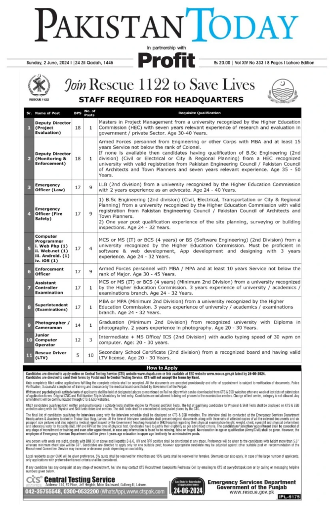 Rescue 1122 Jobs Latest Advertisement