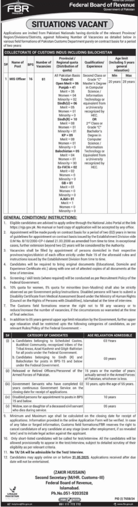 FBR Jobs 2025 – Apply Online for MIS Officer Posts Latest FBR Jobs 2025 - 81 MIS Officer Posts