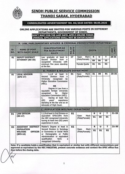Latest SPSC Jobs Advertisement No. 06/2025 – Apply Online Now SPSC Jobs 2025 – Apply Online for BPS-16 to BPS-18 Posts