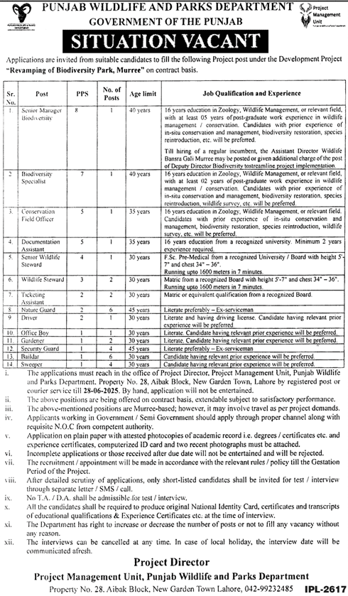 Punjab Wildlife and Parks Department Jobs