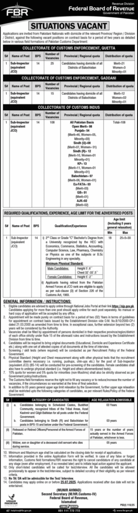 FBR Sub Inspector Jobs 2025 – Apply Online for 148 BPS‑14 Vacancies Latest FBR Sub Inspector Jobs 2025 Matric Base Govt Posts