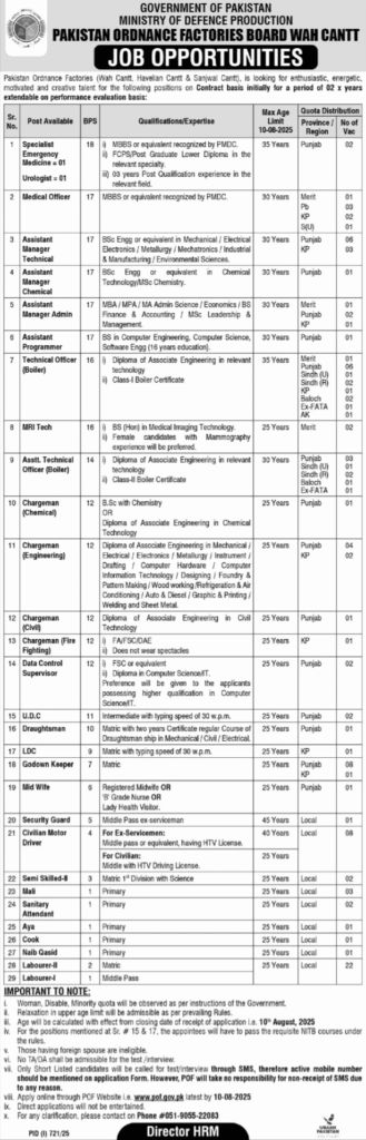 Latest POF Jobs 2025 Online Apply For Govt Jobs At Wah Cantt