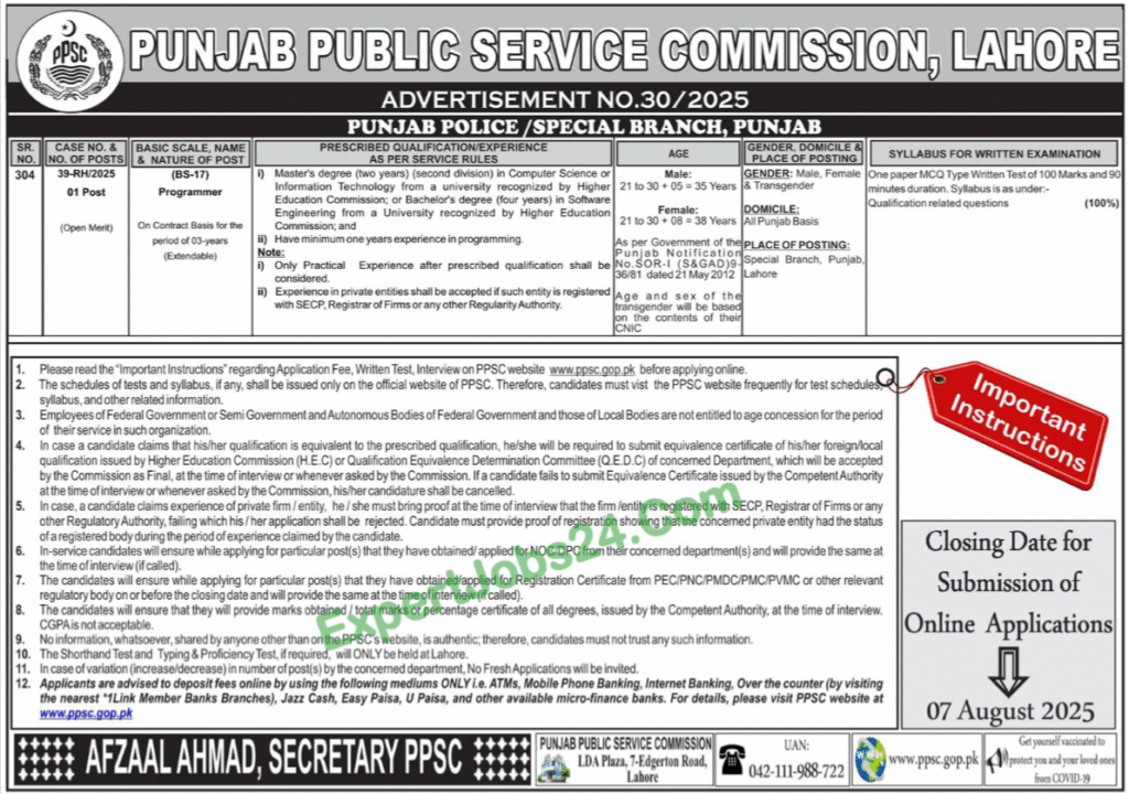 Punjab Police Special Branch Jobs 2025 via PPSC Apply Online