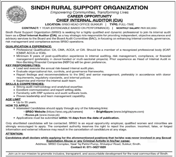 SRSO Jobs 2025 Apply Online For Chief Internal Auditor
