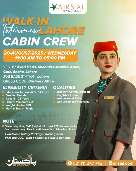 AirSial Cabin Crew Jobs 2025 – Walk-in Interview for Females