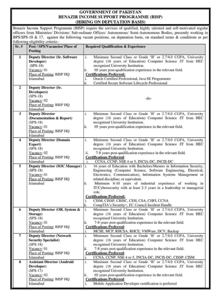 BISP Jobs 2025 – Apply Online for Deputy & Assistant Director Posts BISP Jobs 2025 Apply Online for Deputy & Assistant Director Posts