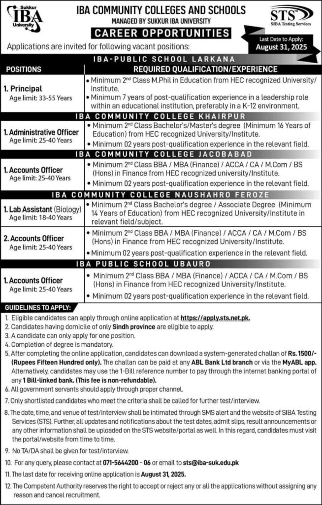 IBA Community Colleges Jobs 2025 Apply Online via STS Portal – Last Date IBA Community Colleges Jobs 2025 Apply Online For Posts