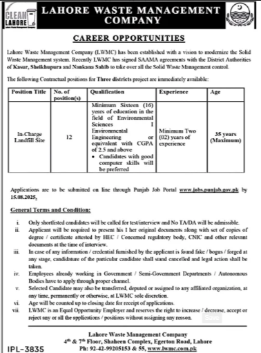 LWMC Jobs 2025 Apply Online Via Punjab Jobs Portal