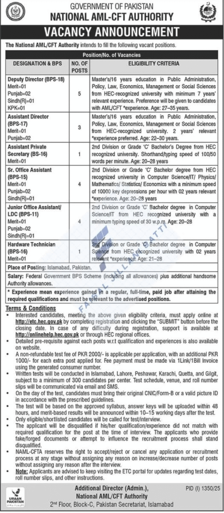 National Anti-Money Laundering Authority Jobs 2025 – Apply Online | NAMLCA Islamabad Vacancies Latest National Anti Money Laundering Authority Jobs 2025