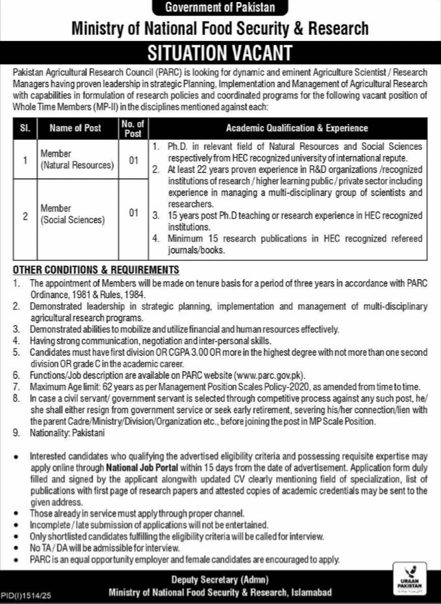 Ministry of National Food Security And Research – MNFSR Jobs 2025 MNFSR Jobs 2025 – Food Security & Research Vacancies