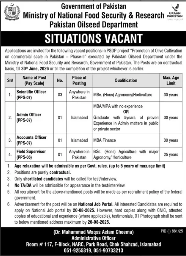 Ministry Of National Food Security And Research Jobs 2025