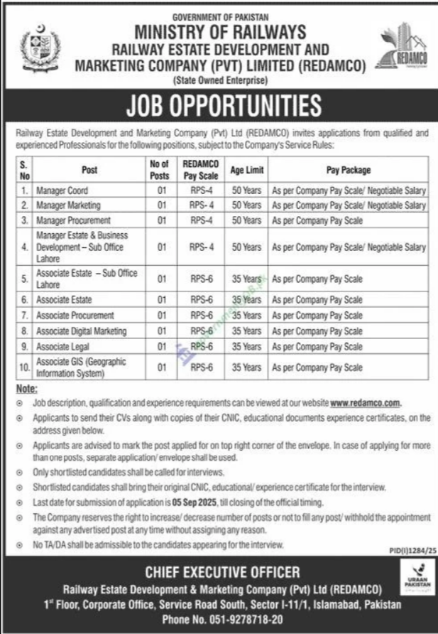 Ministry of Railways Jobs 2025 | REDAMCO Project-Based Opportunities Ministry Of Railways Jobs 2025 – Manager & Associate Posts