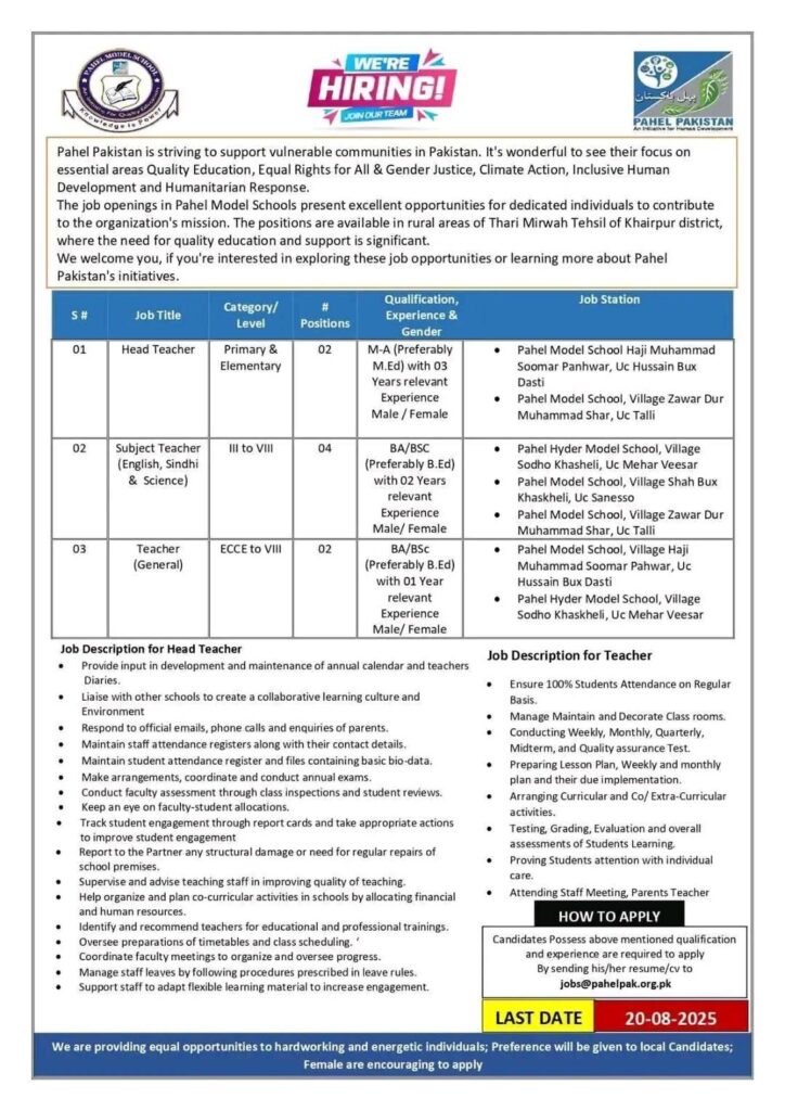 Pahel Pakistan Teaching Jobs 2025 – Khairpur (Head & Subject Teachers) NGO Teaching Jobs 2025 – Head & Subject Teachers
