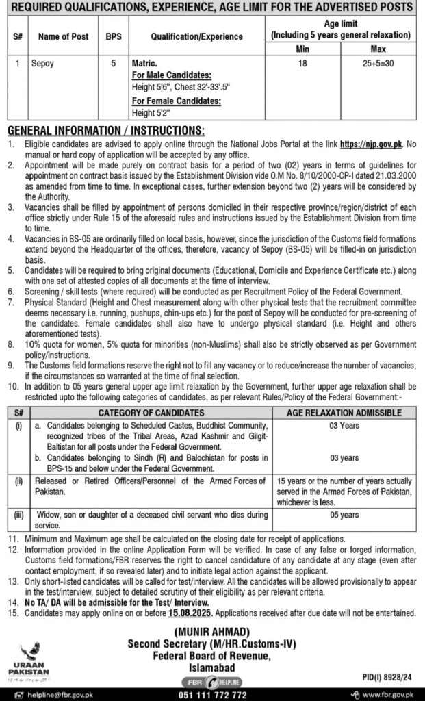 Top 1560+ FBR Customs Sepoy Jobs 2025 Apply Online