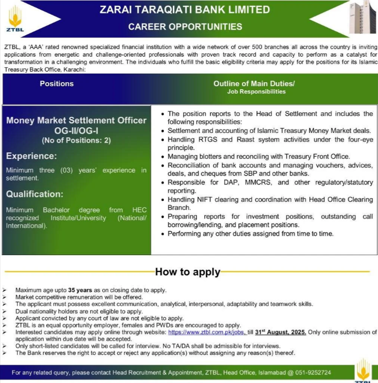 Zarai Taraqiati Bank Limited ZTBL Jobs 2025 – Apply Online ZTBL Jobs 2025 – Zarai Taraqiati Bank Government Vacancies